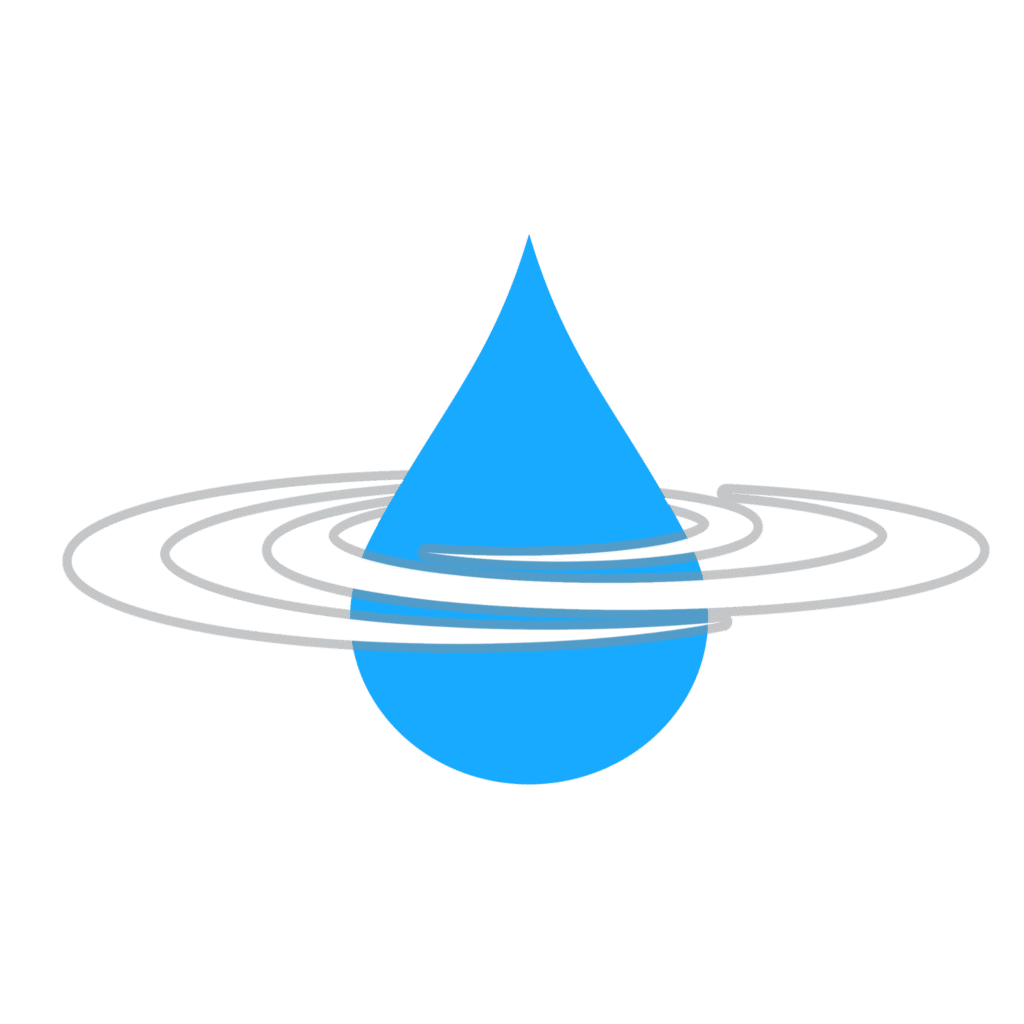 Manantial Water Store logo with swirling blue water drop and rings. Logo de Manantial Water Store con gota de agua azul y anillos.